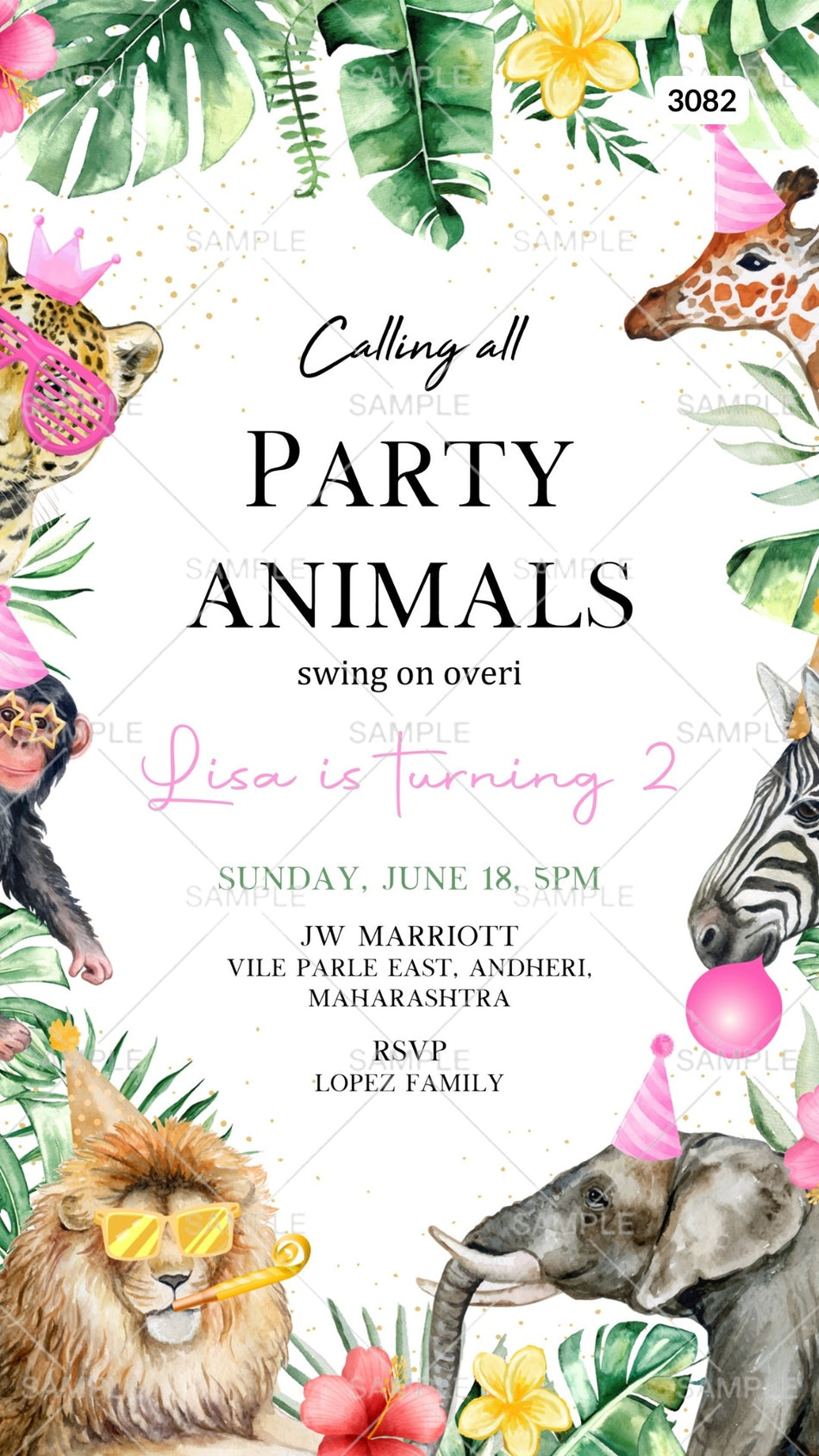 Birthday party invitation card by canva in English language with animal as jungle theme Canva Editable Template design 3082