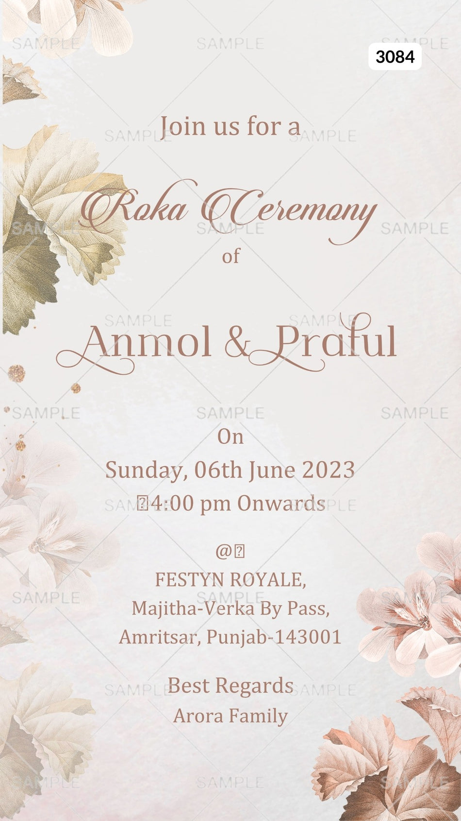 Roka ceremony invitation card by canva for Punjabi family in english language with flowers as floral theme Canva Editable Template design 3084