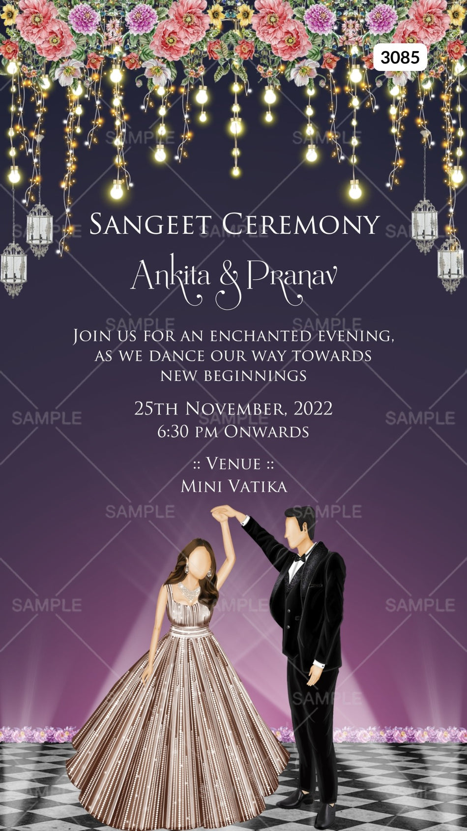 Sangeet Sandhya Ceremony invitation card by canva in english language with flowers, couple doodle as floral theme Canva Editable Template design 3085