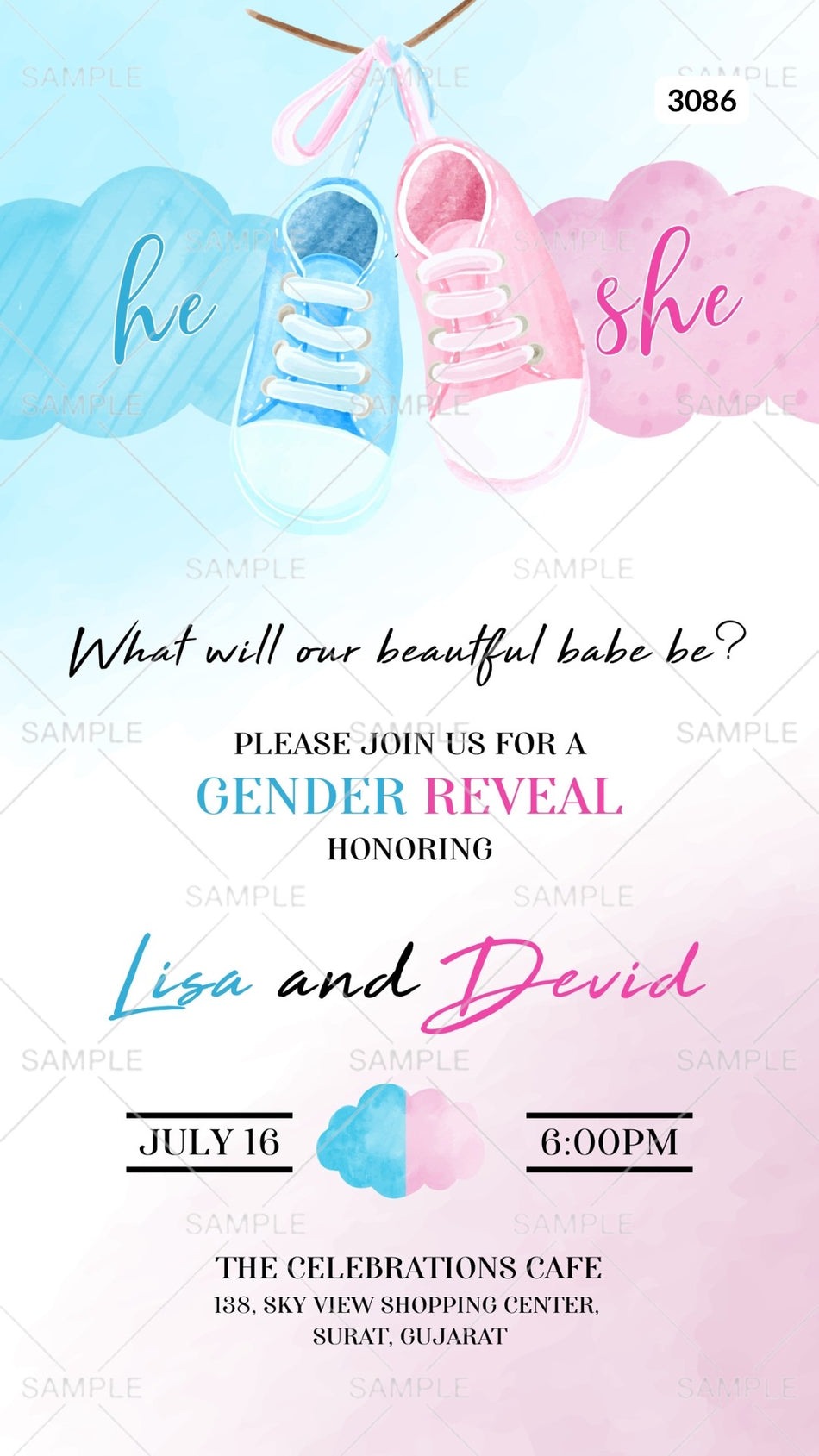 Gender Reveal Party invitation card Canva Editable Template in english language with shoes as minimalistic theme design 3086