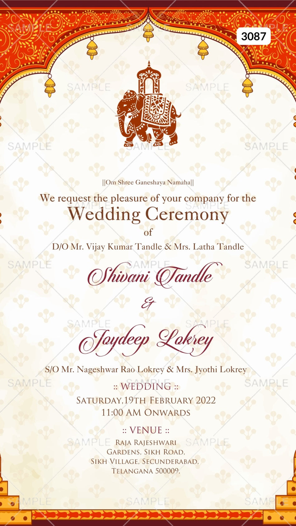 Wedding ceremony invitation card by canva of hindu south indian telugu family in english language with traditional theme Canva Editable Template design 3087