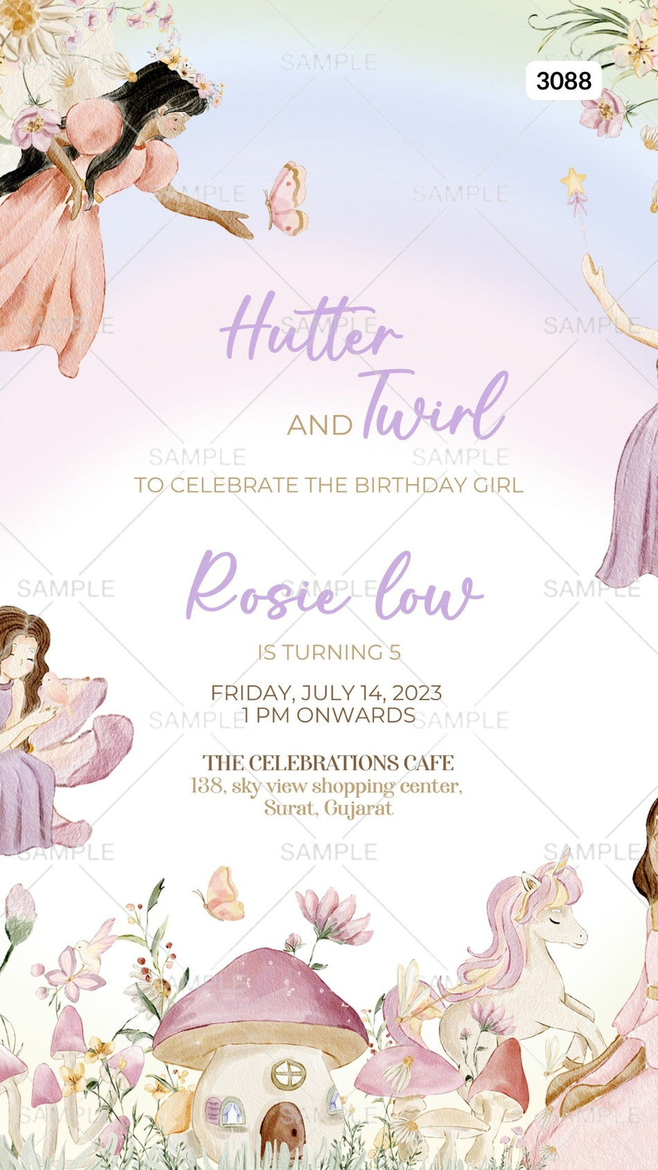 Birthday party invitation card by canva for girl in English language with fairy theme Canva Editable Template design 3088