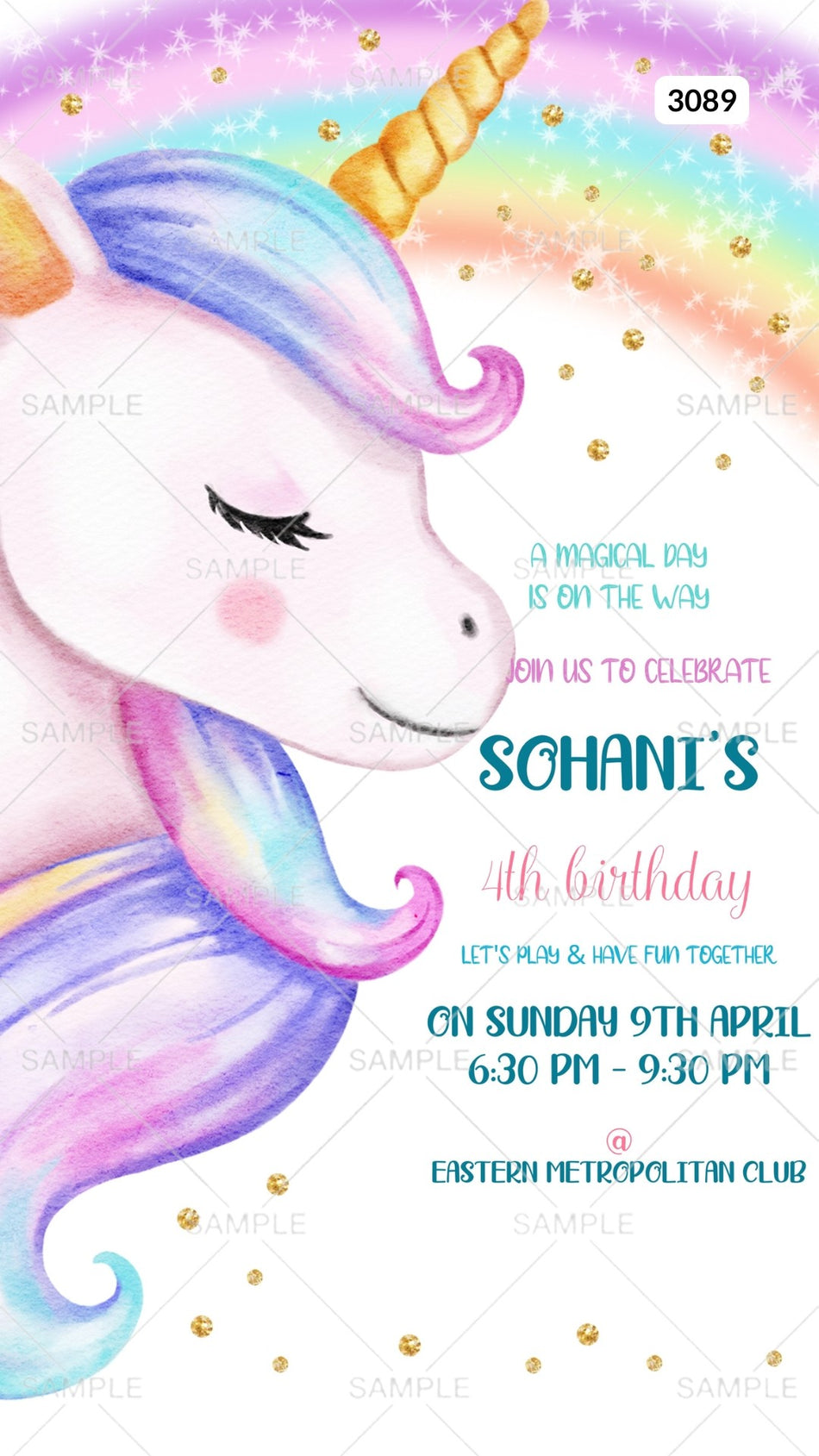 Birthday party invitation card by canva for girl in English language with unicorn as rainbow theme Canva Editable Template design 3089
