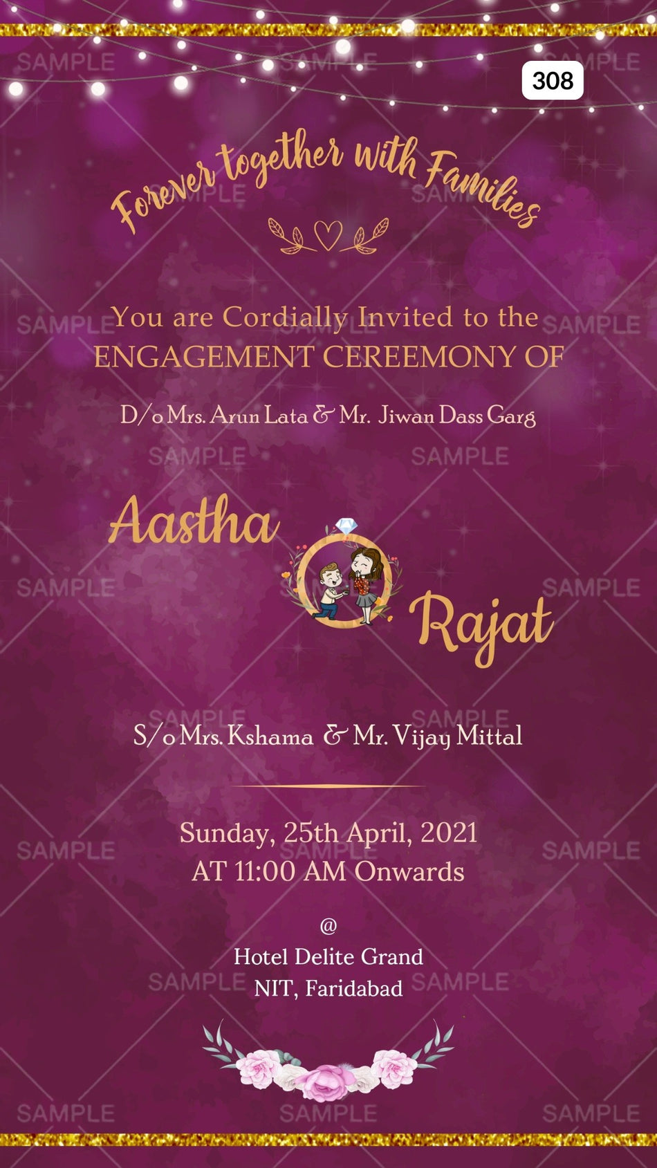 Engagement ceremony invitation card Canva Editable Template in english language with string light as glittery frame theme design 308