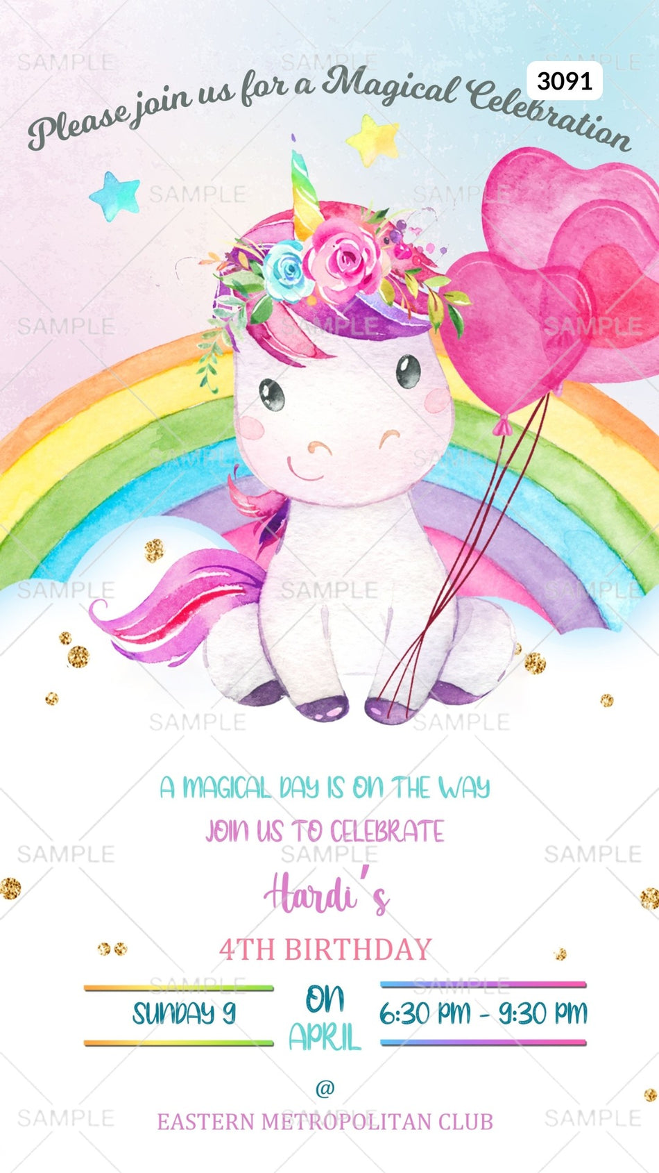 Birthday party invitation card by canva for girl in English language with unicorn theme Canva Editable Template design 3091