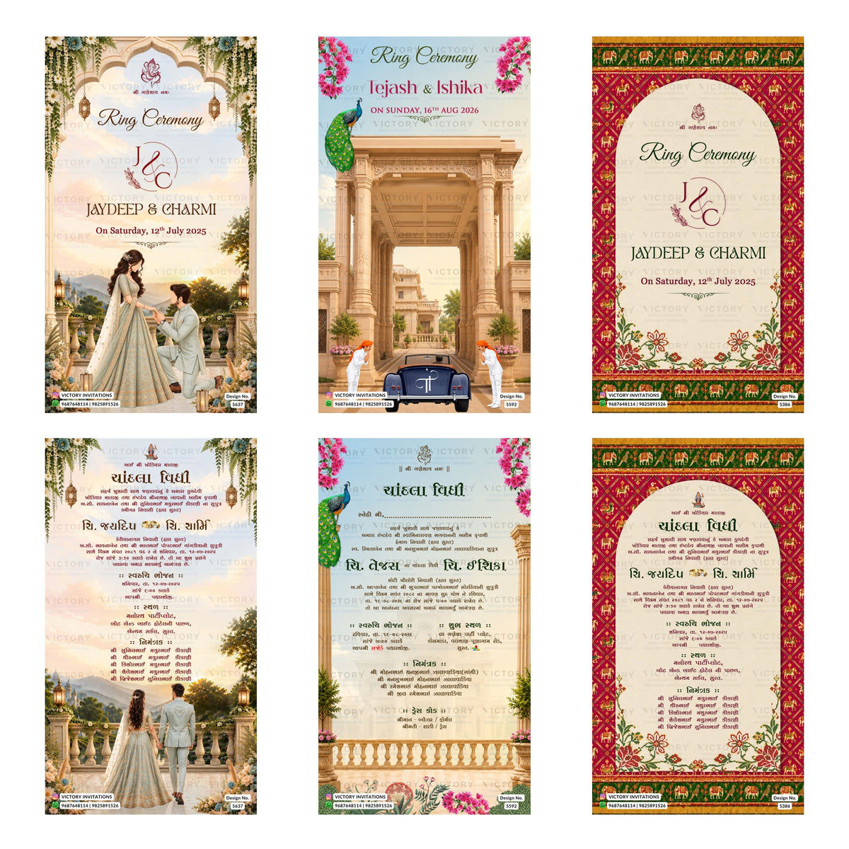Traditional Gujarati Ring Ceremony and digital invitation card set 3092 featuring Jaydeep and Charmi, and Chandla Vidhi templates.