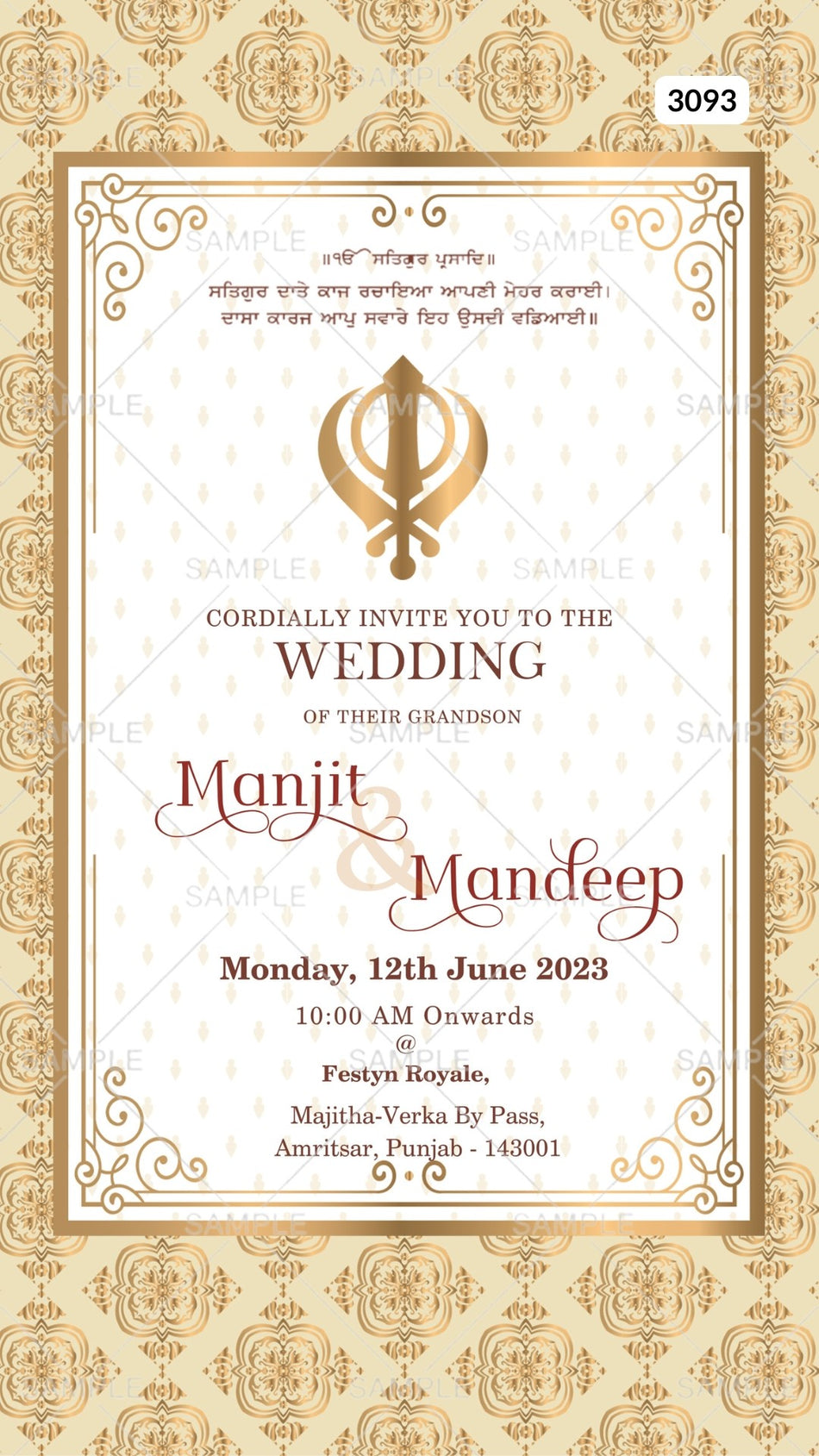 Wedding ceremony invitation card by canva of hindu punjabi sikh family in english language with vintage theme Canva Editable Template design 3093