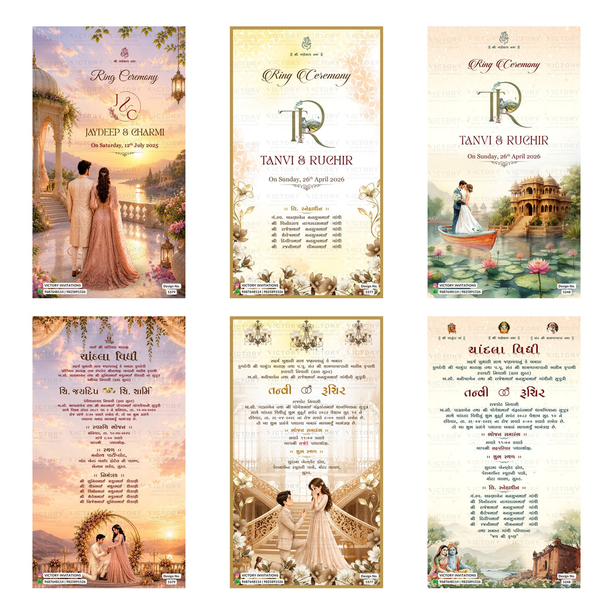 Traditional Gujarati Ring Ceremony and digital invitation card set 5137 featuring Tanvi and Ruchir, and Chandla Vidhi templates.