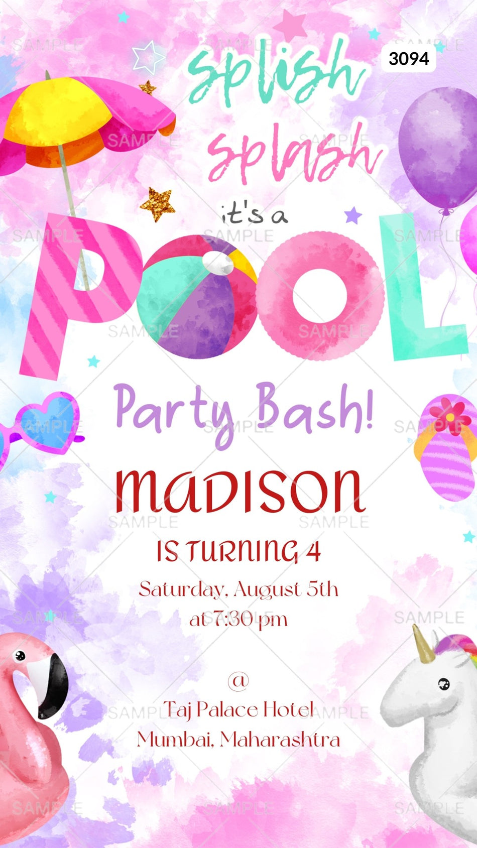 Pool Party invitation card by canva in english language with flamingo, balloons as playful theme Canva Editable Template design 3094