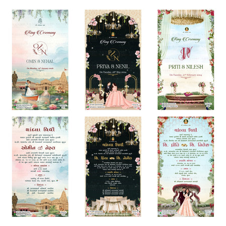 Traditional Gujarati Ring Ceremony and digital invitation card set 3096 featuring Omin and Nehal, Priya and Nenil, Priti and Nilesh, and Chandla Vidhi templates.