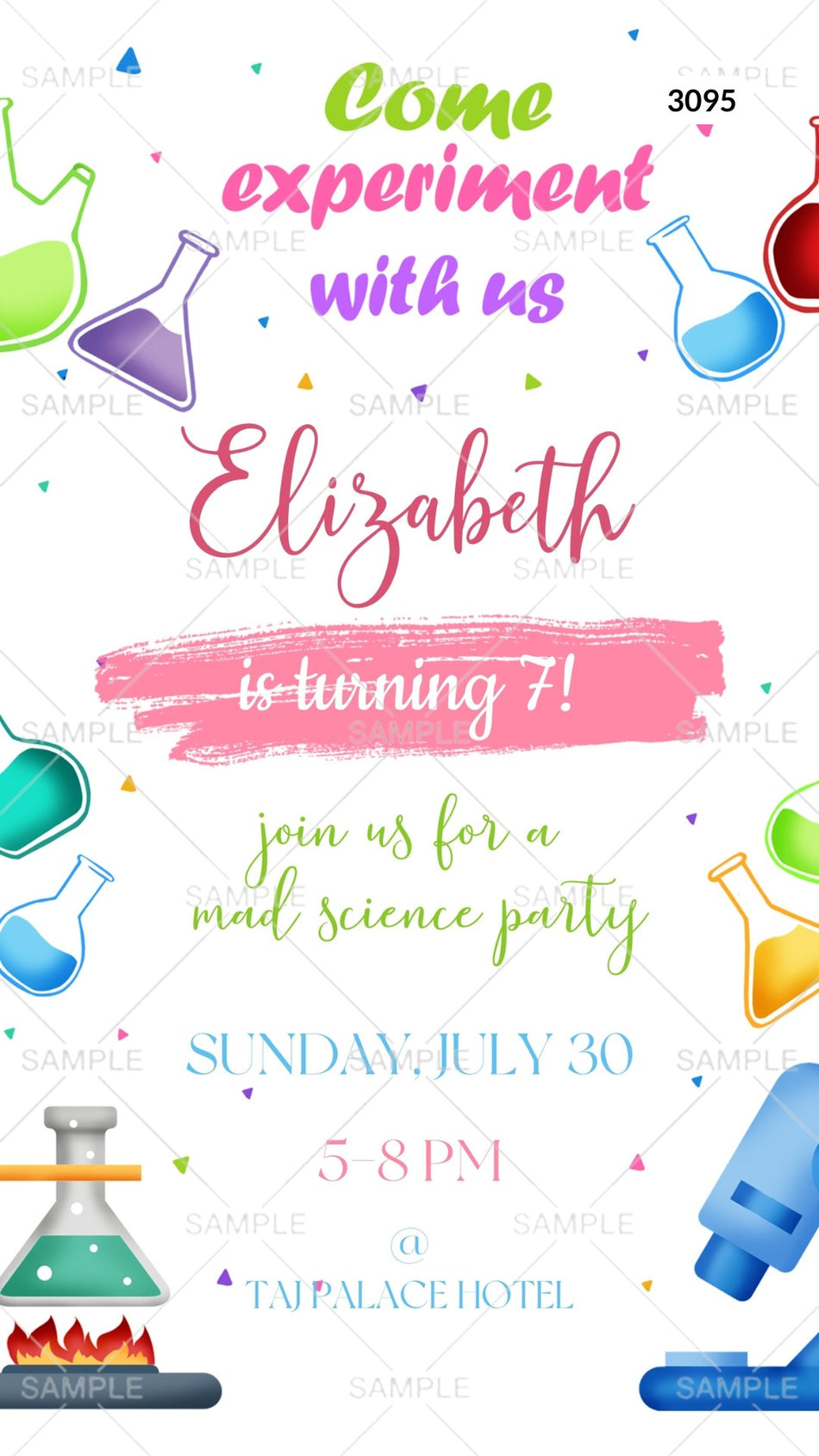 Birthday party invitation card by canva in English language with scientific theme Canva Editable Template design 3096