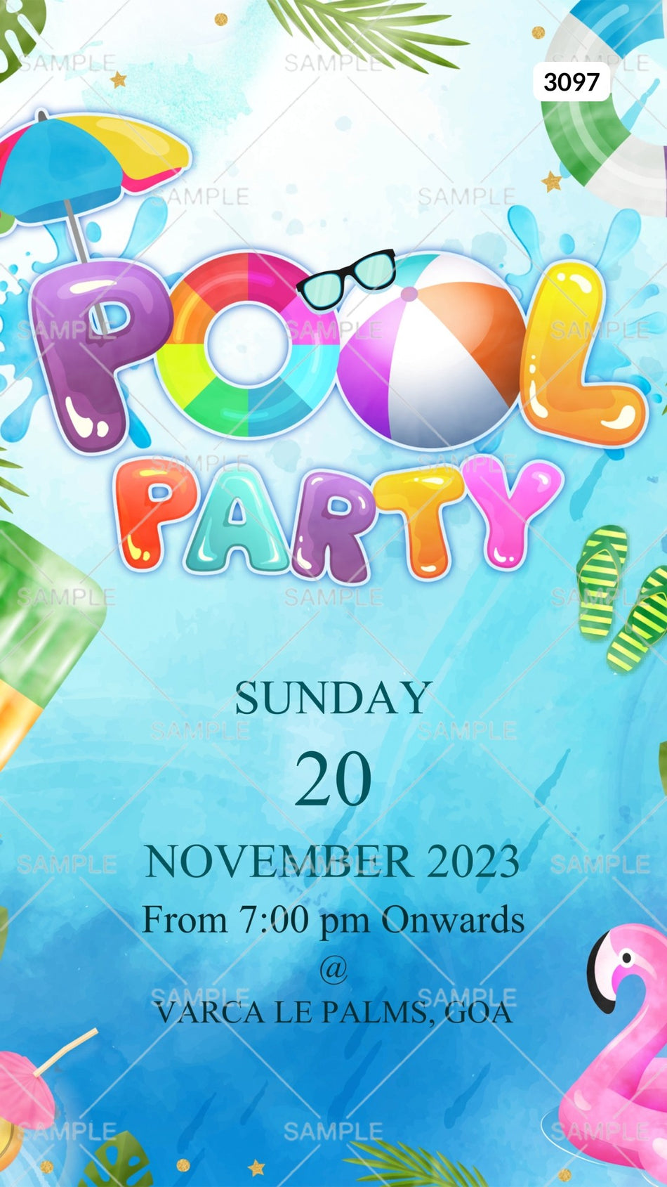 Pool Party invitation card by canva in english language with flamingo, boho leaves as elegant theme Canva Editable Template design 3097