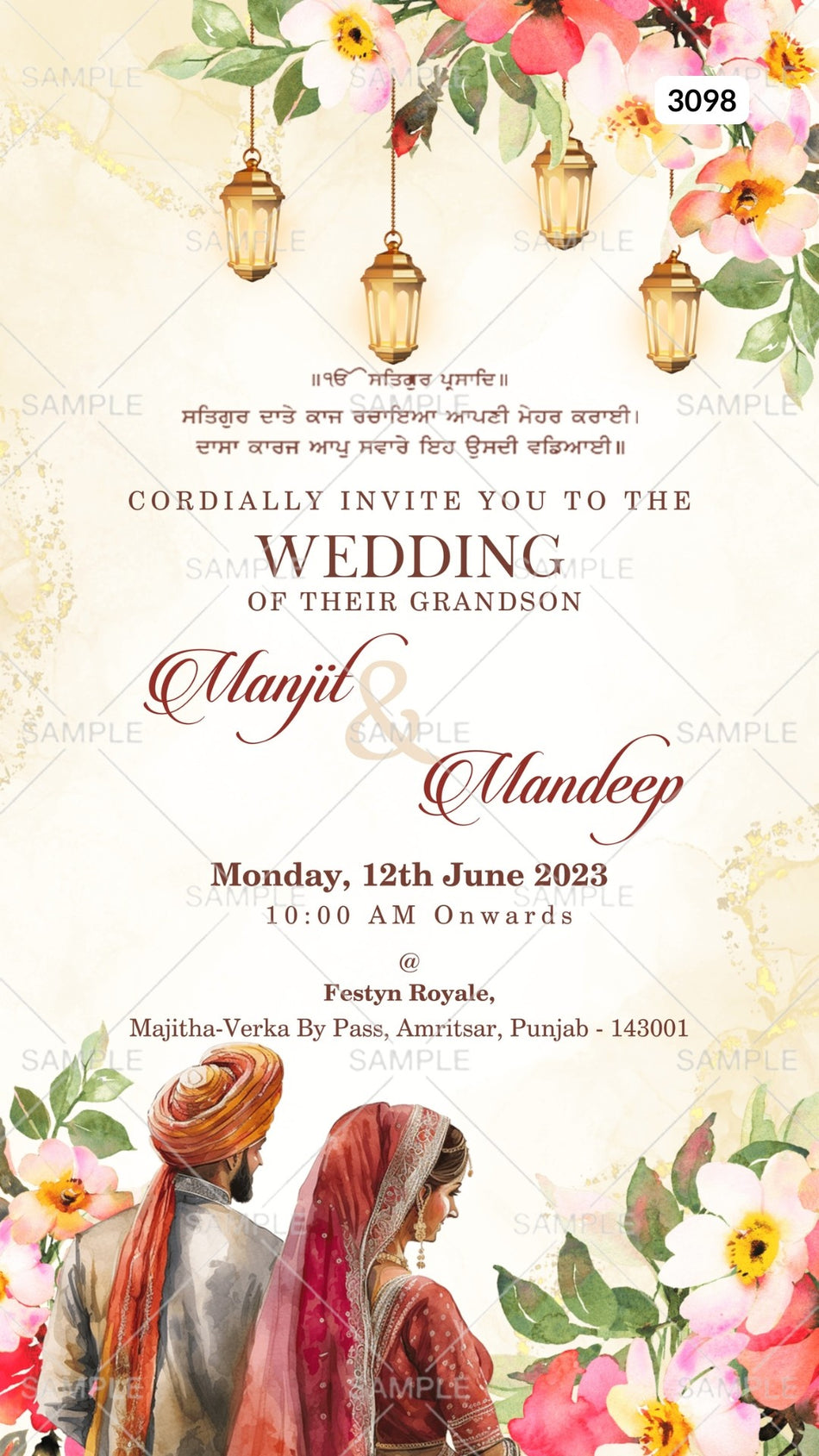 Wedding ceremony invitation card by canva of hindu punjabi sikh family in English language with floral theme Canva Editable Template design 3098