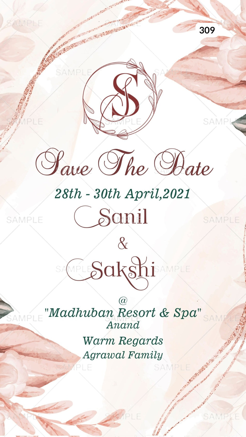 Save the Date card Canva Editable Template in english language with flowers, couple logo as floral theme design 309