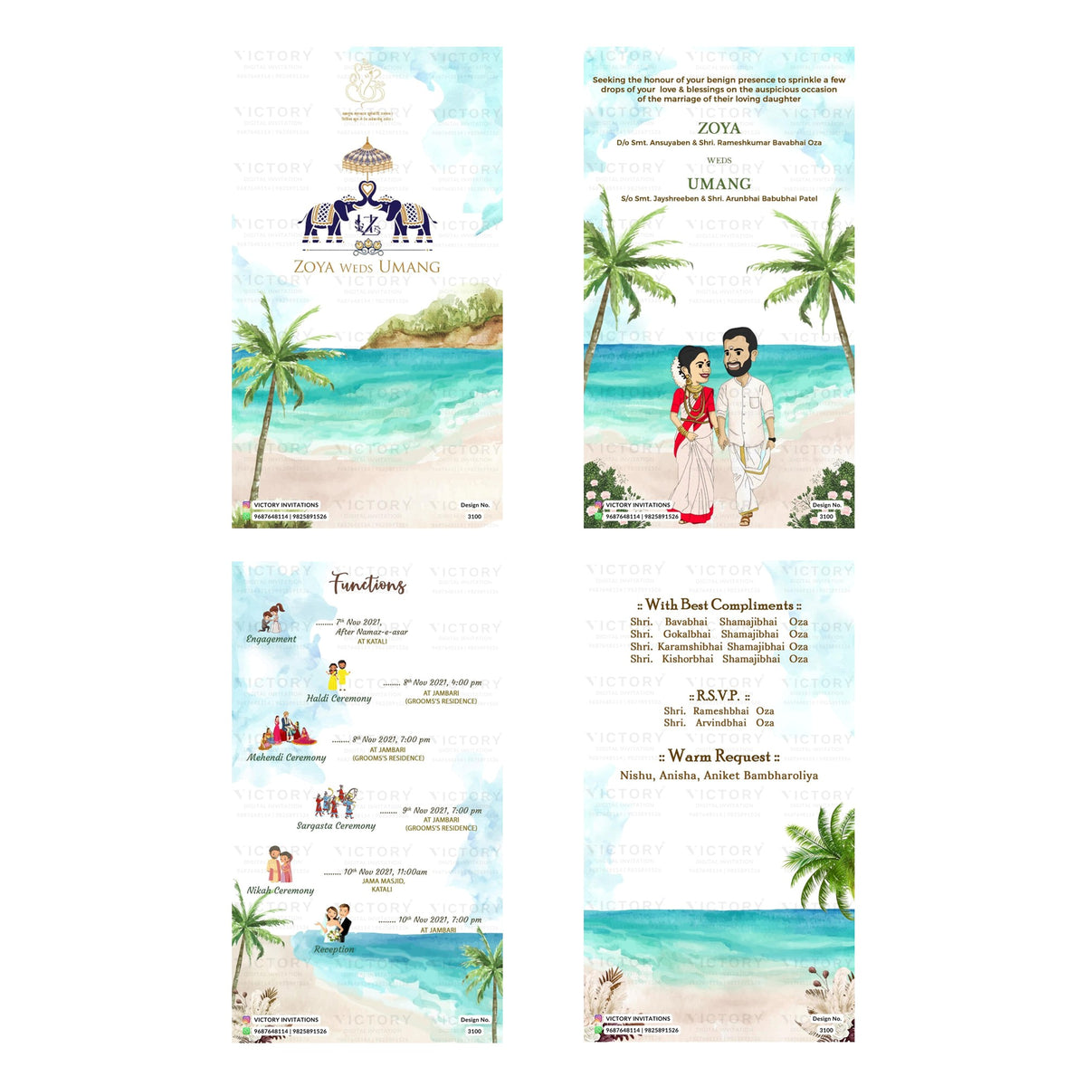 A four-panel wedding invitation suite featuring tropical beach illustrations, palm trees, turquoise ocean water, and a couple in traditional and modern attire. The cards include event details, RSVP information, and decorative elements on a white background.