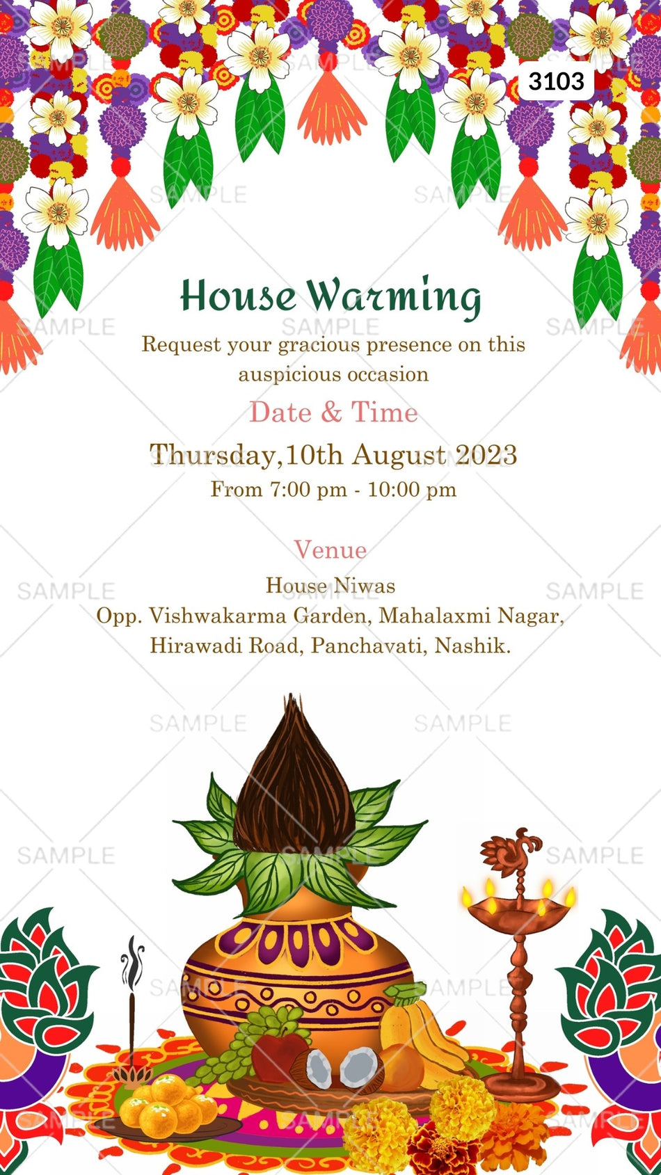 House Warming ceremony invitation card by canva in english language with kalash as floral theme Canva Editable Template design 3103