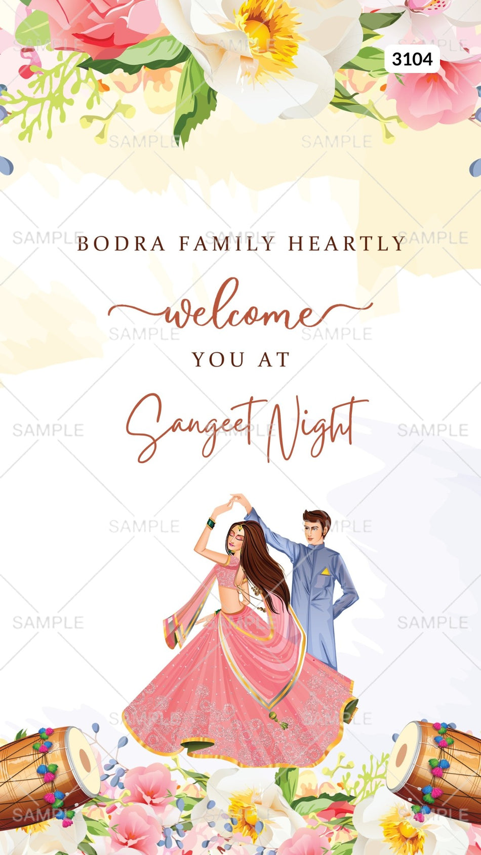 Digital Sangeet Ceremony Invitation Of Indian Family In English Language With Floral Theme Canva Editable Template design no - 3104