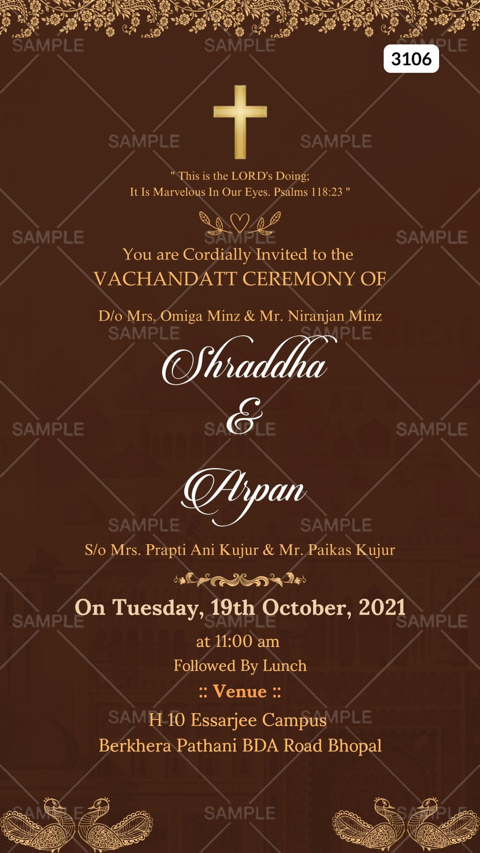 Vachandatt Ceremony invitation card by canva in english language with christian cross symbol as minimalistic theme Canva Editable Template design 3106