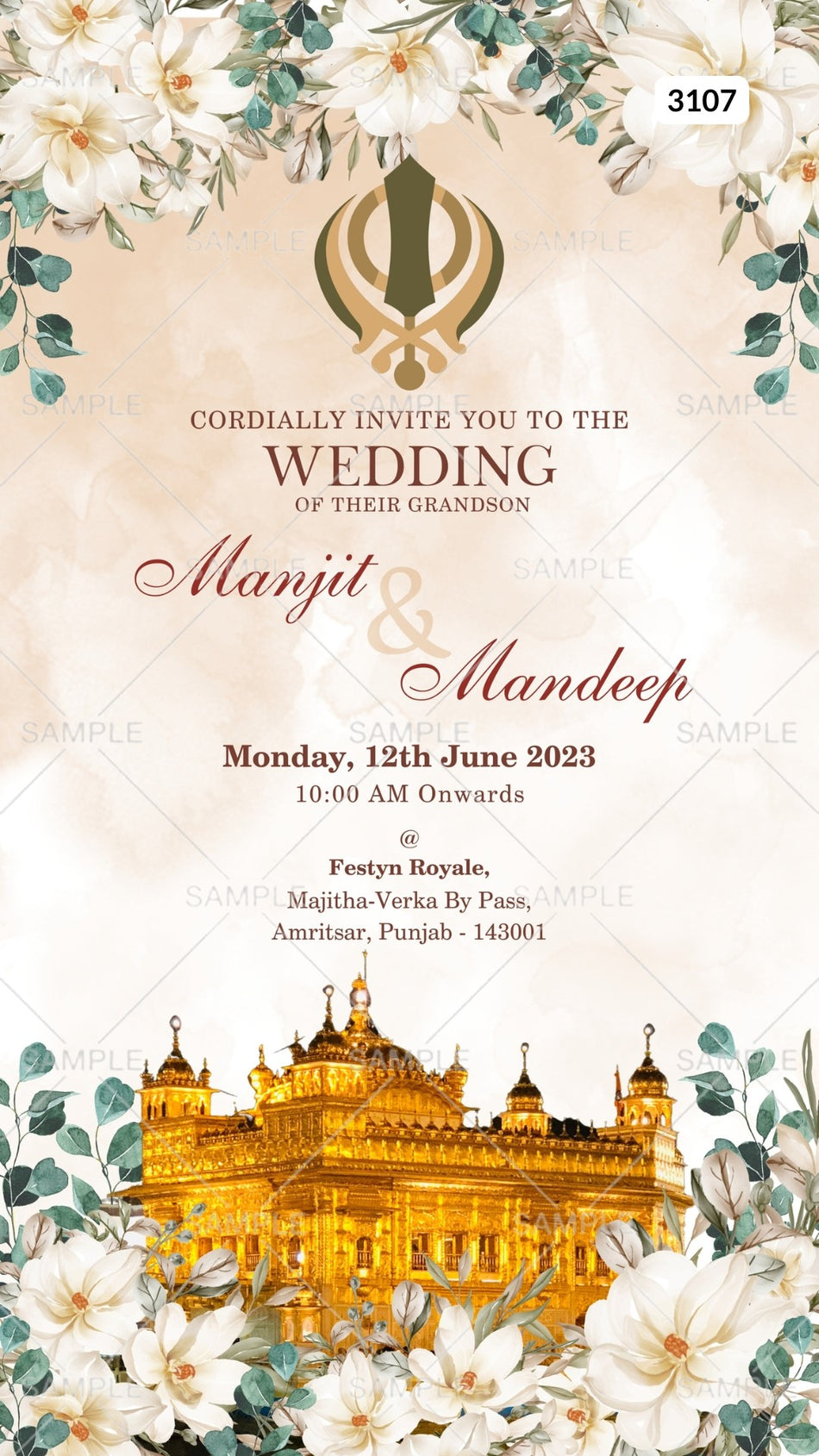 Wedding ceremony invitation card by canva of hindu punjabi sikh family in English language with floral and temple theme Canva Editable Template design 3107