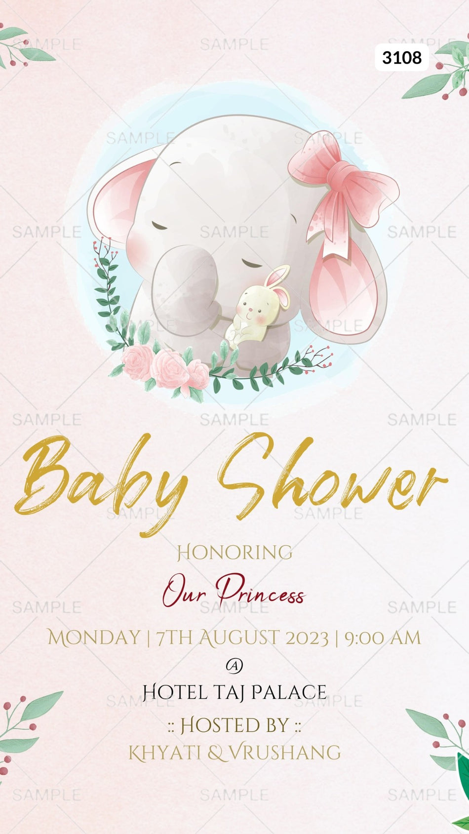 Baby Shower ceremony invitation card Canva Editable Template in english language with elephant, birds, leaves as cartoonish theme design 3108