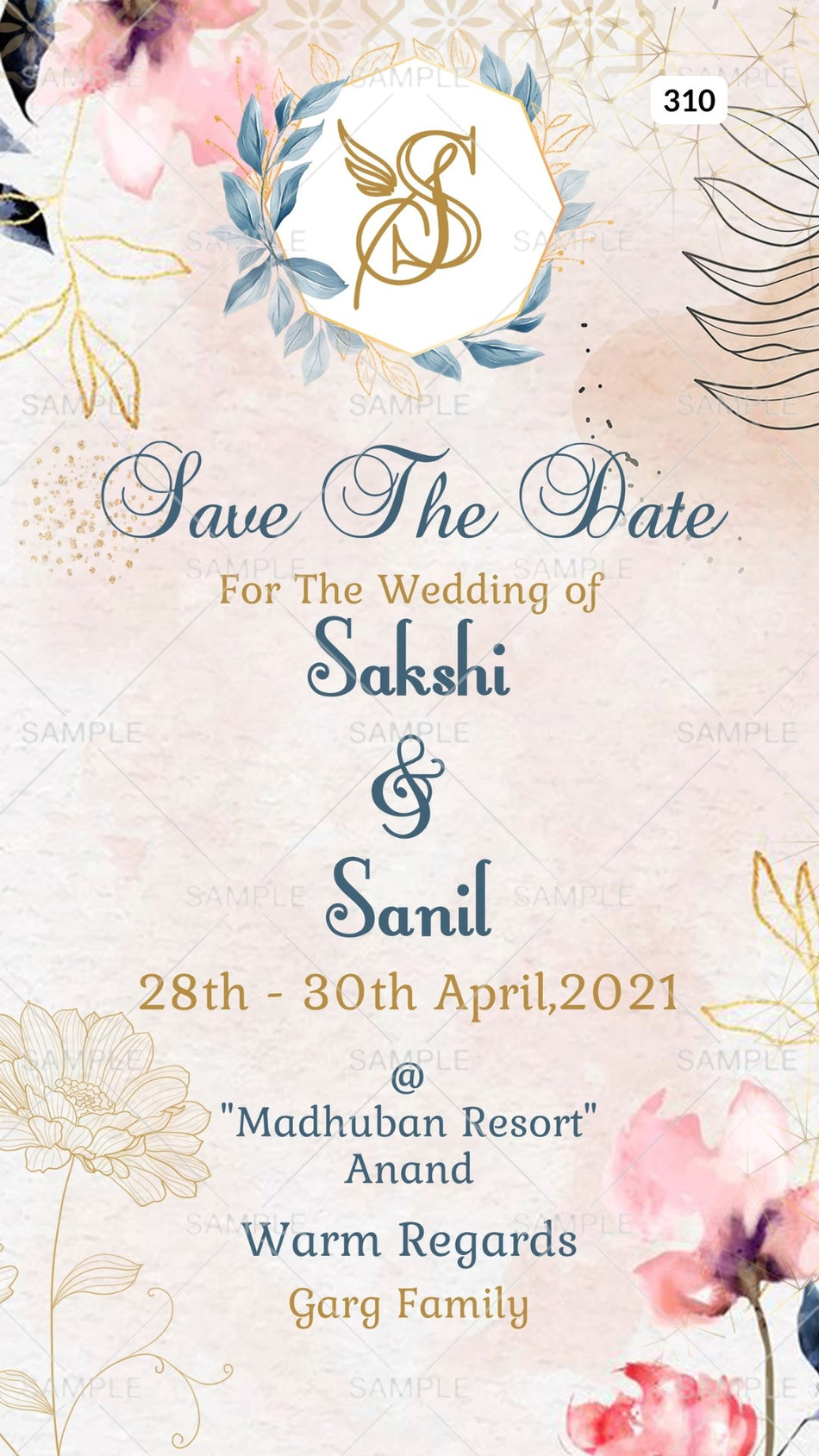 Save the Date card Canva Editable Template in english language with couple logo, leaves as floral theme design 310
