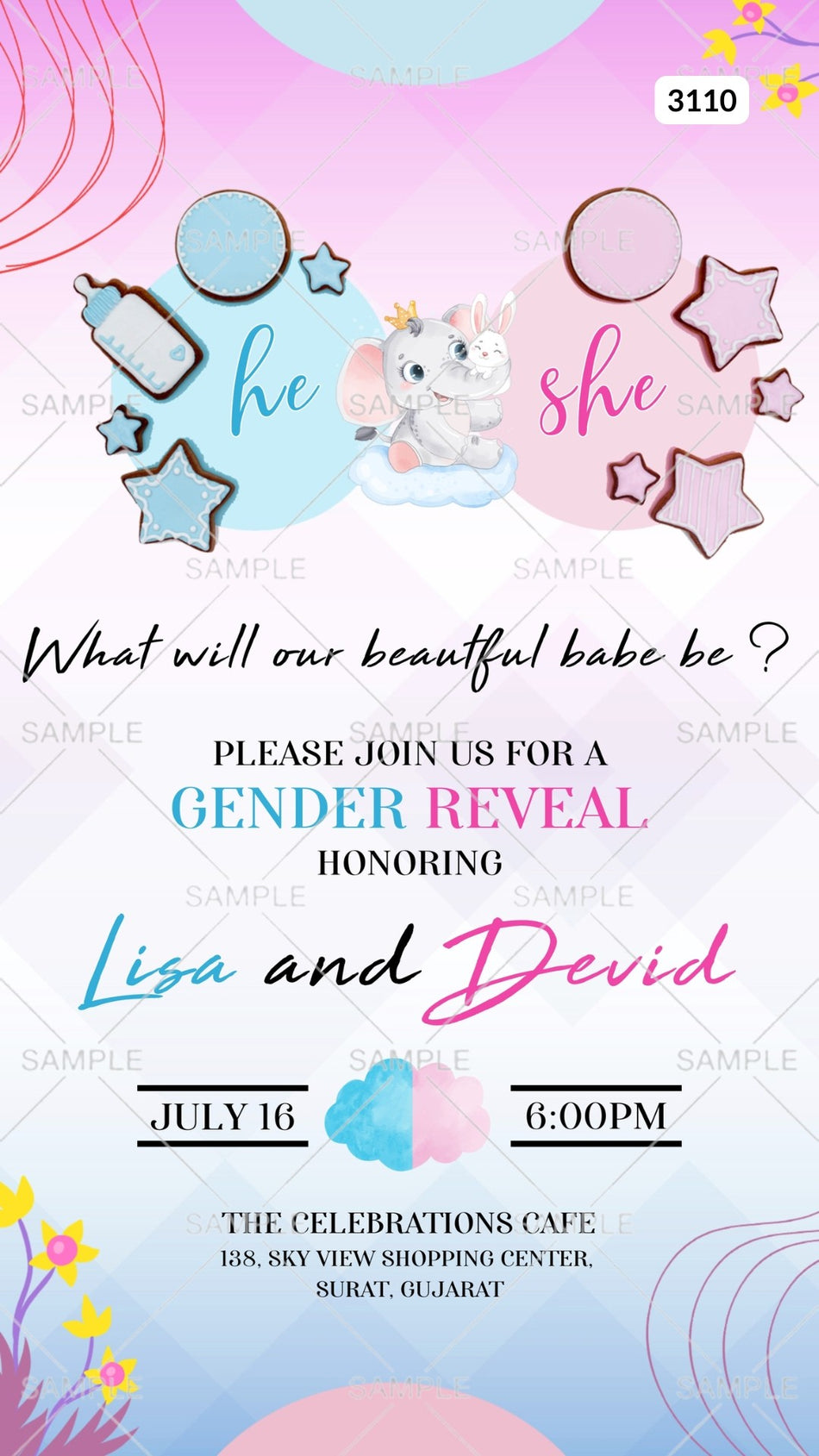 Gender Reveal Party invitation card Canva Editable Template in english language with elephant, cloud as minimalistic theme design 3110