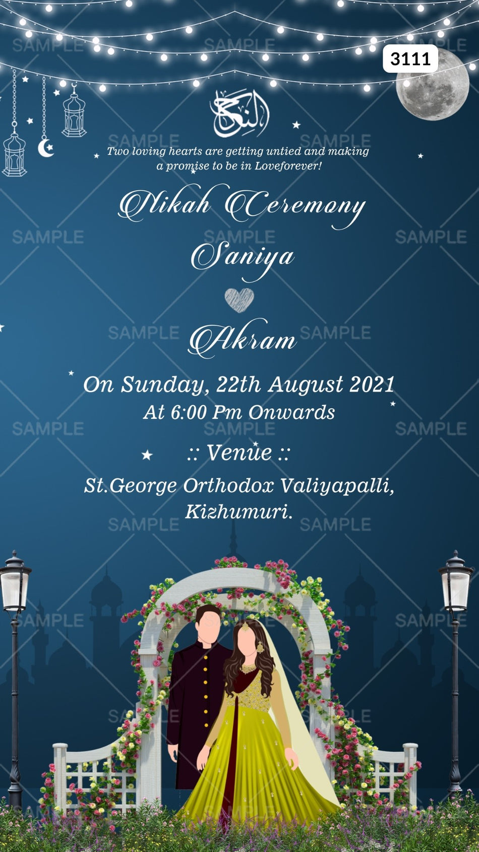 Digital Nikah Ceremony Invitation Of Muslim Family In English Language With String light and floral Theme Canva Editable Template design no - 3111
