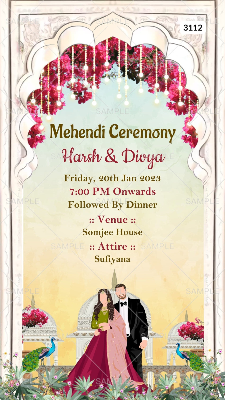 Mehendi ceremony invitation card Canva Editable Template in english language with gate,temple, couple doodle, peacock as traditional theme design 3112