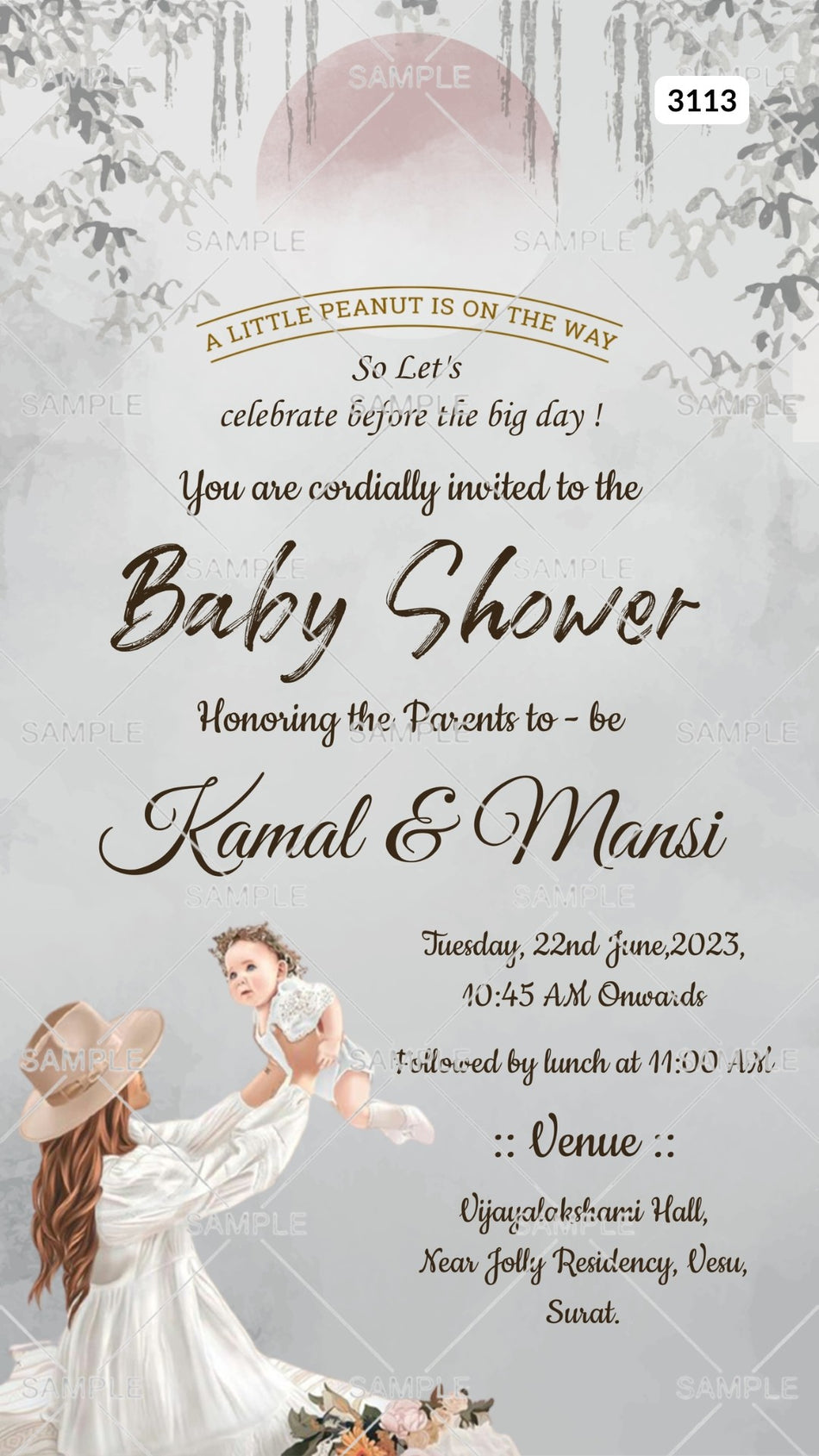Baby Shower ceremony invitation card Canva Editable Template in english language with girl and baby doodle, moon as horror theme design 3113