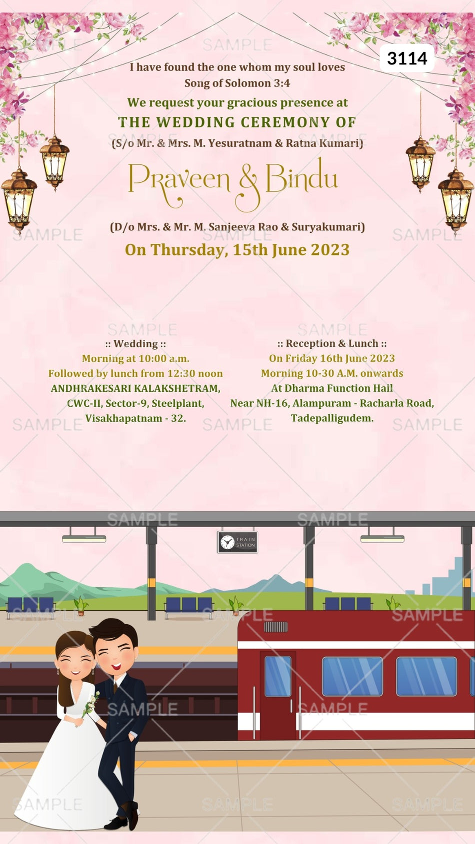 Bible verse Christian wedding ceremony invitation card by canva of Catholic church family in english language with love story theme Canva Editable Template design 3114
