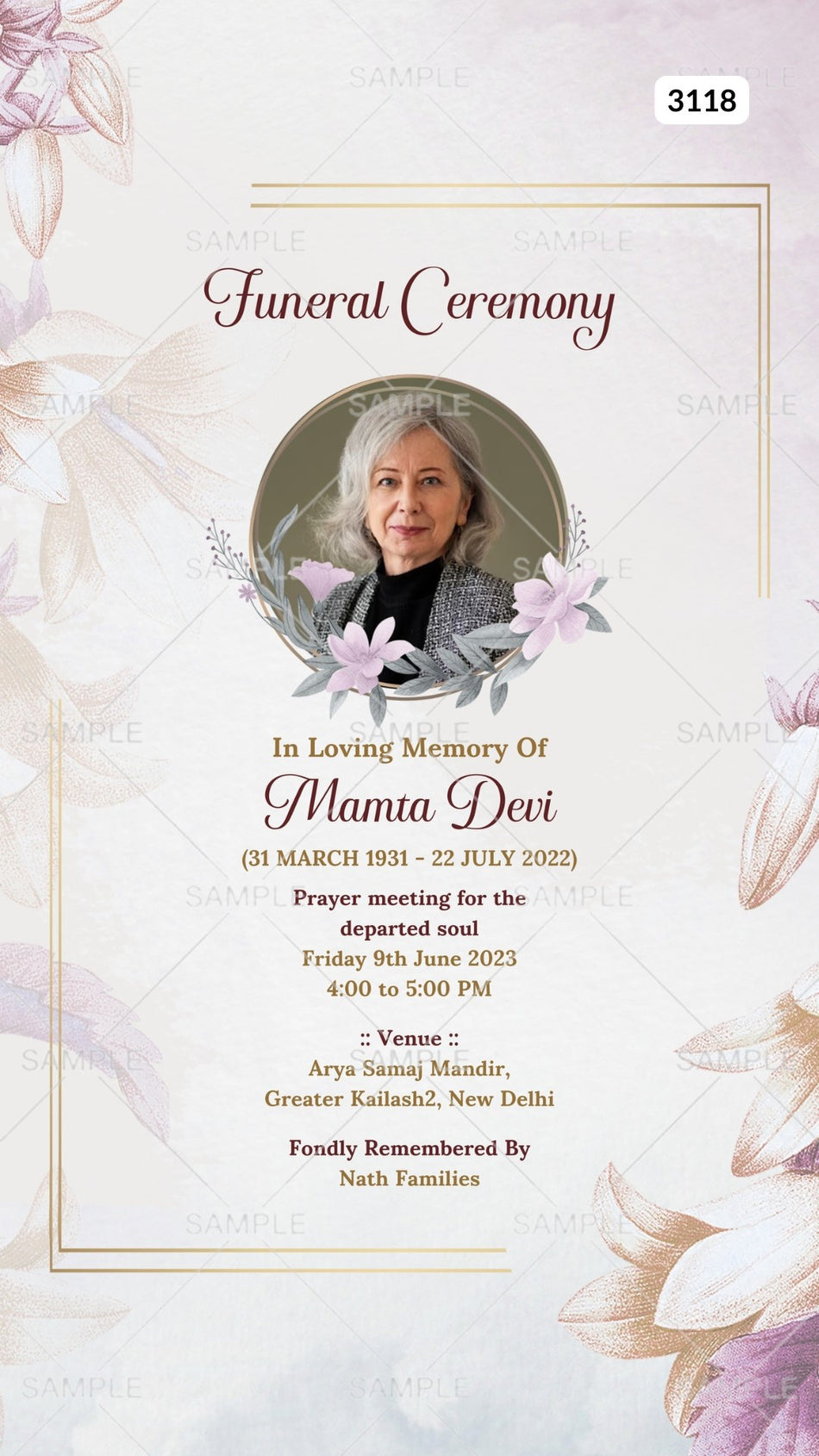 Digital Funeral Ceremony Invitation Of Indian family In English Language With Floral Theme Canva Editable Template design no - 3118