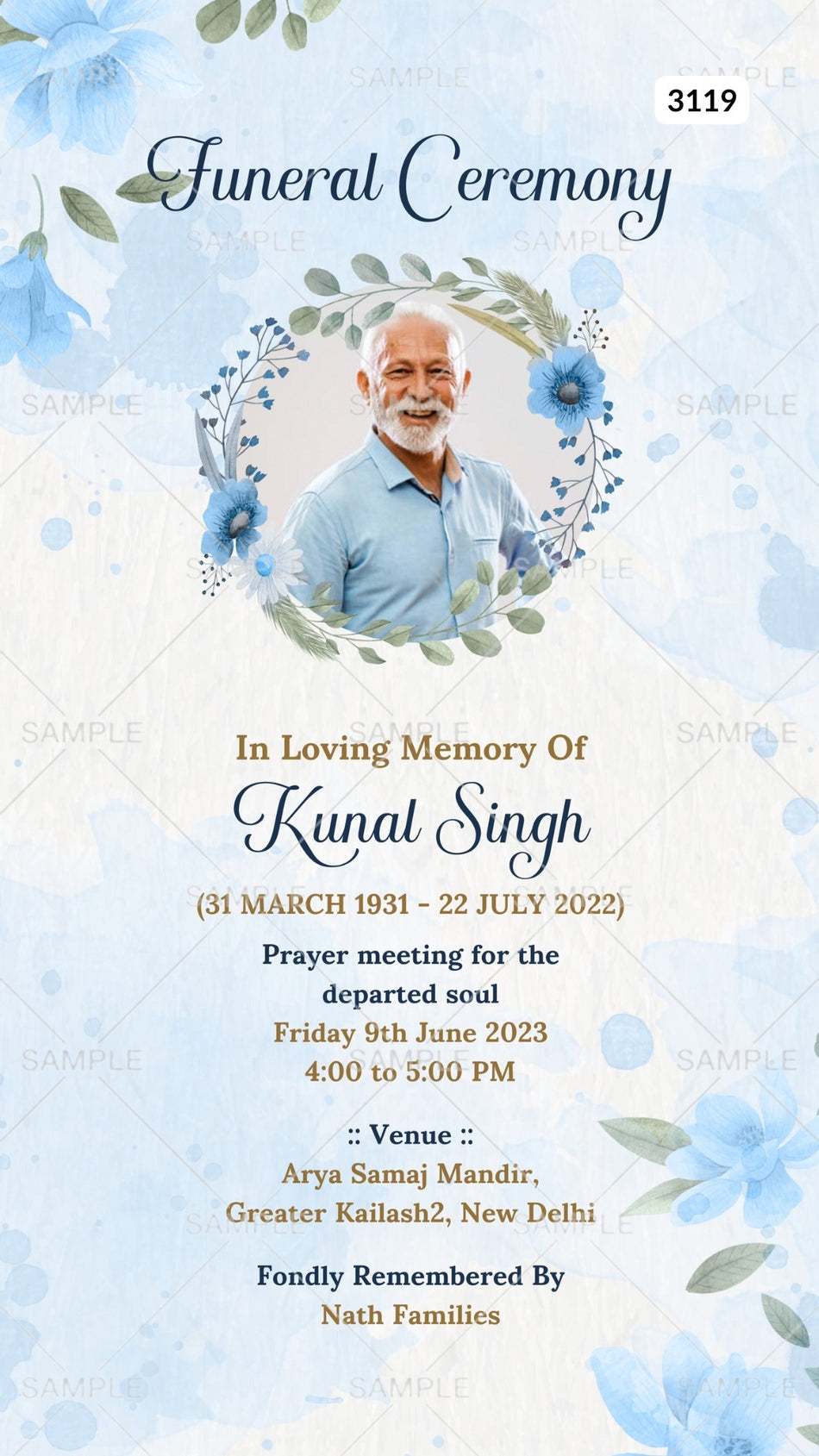 Funeral invitation card by canva in english language with flowers, leaves as floral theme Canva Editable Template design 3119