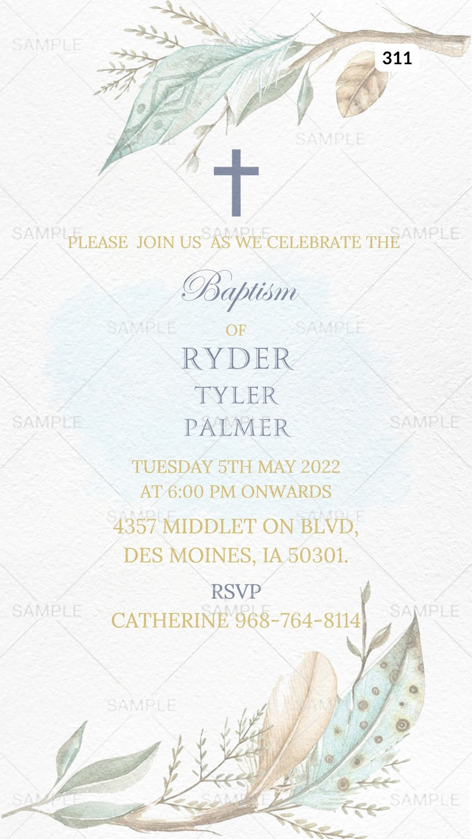 Baptism ceremony invitation card Canva Editable Template in english language with leaves as minimalistic theme design 311