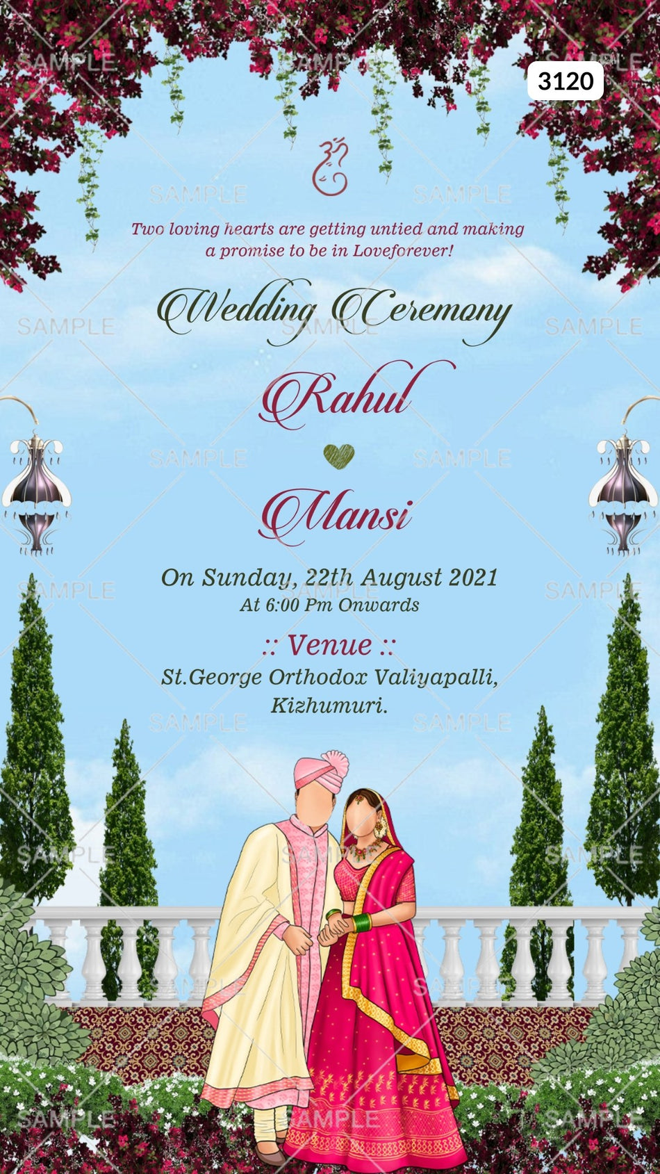 Wedding ceremony invitation card by canva of hindu south indian malayali family in english language with traditional theme Canva Editable Template design 3120