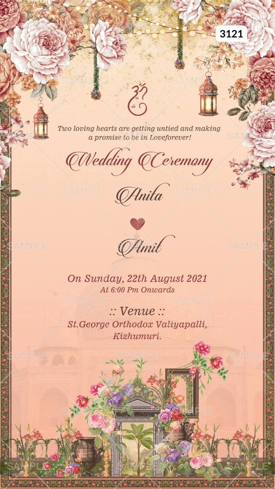 Wedding ceremony invitation card by canva of hindu south indian malayali family in english language with vintage theme Canva Editable Template design 3121
