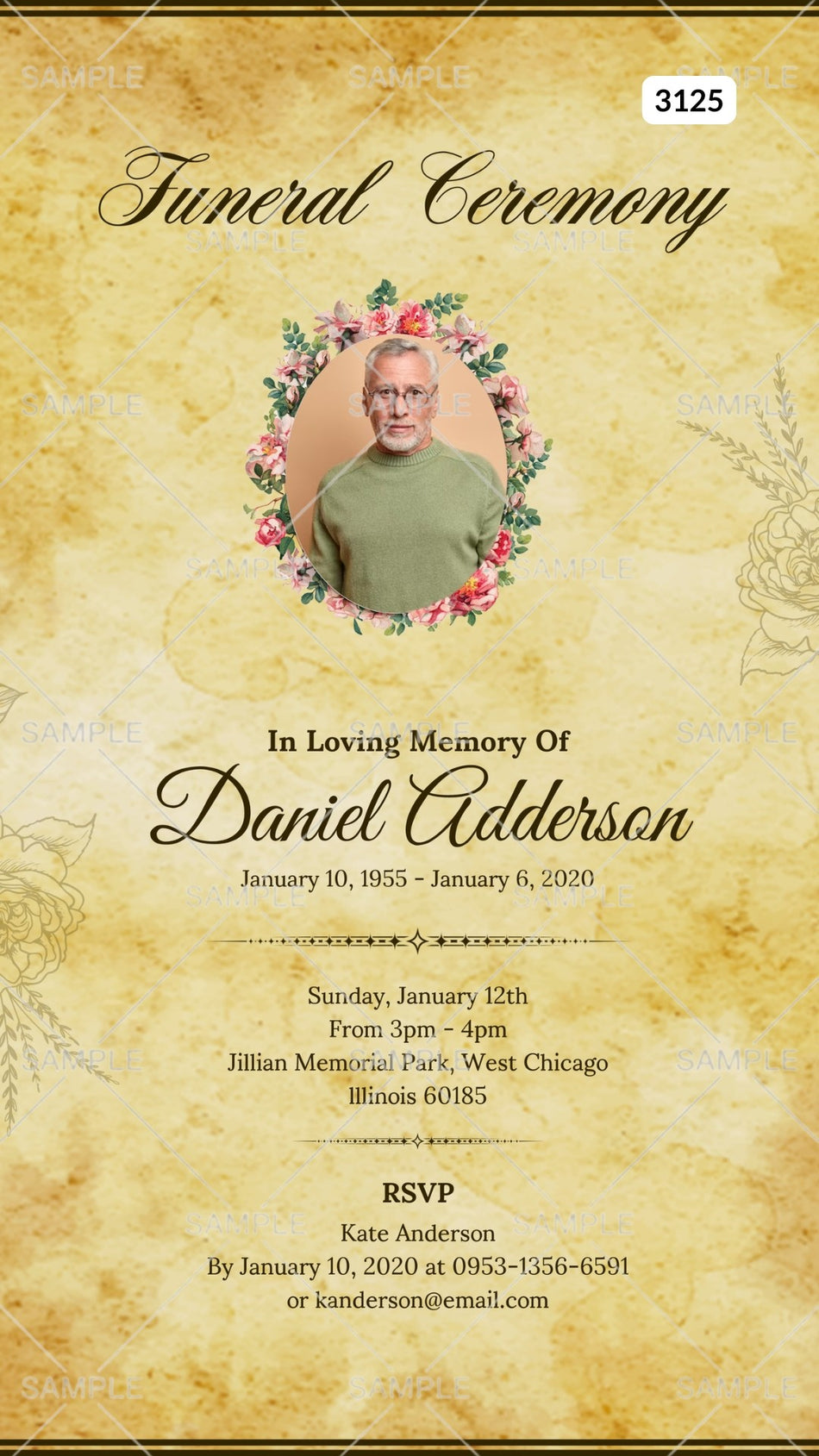 Funeral invitation card by canva in english language with flowers as minimalistic theme Canva Editable Template design 3125