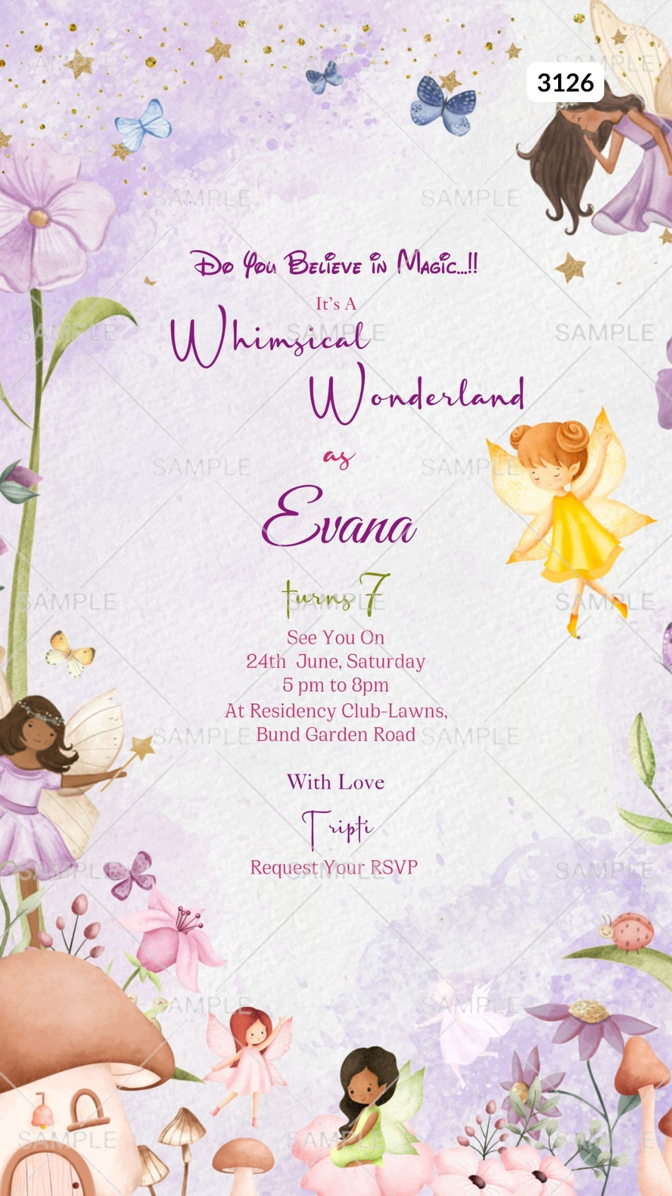 Birthday party invitation card by canva for girl in English language with fairy tale theme Canva Editable Template design 3126