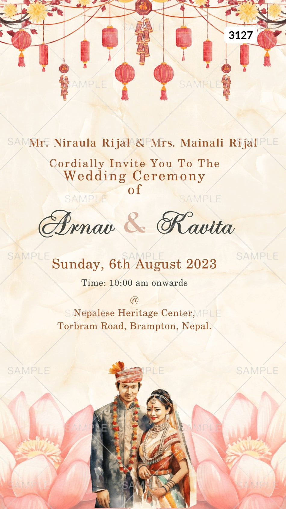 Wedding ceremony invitation card by canva of hindu Nepali family in english language with floral theme Canva Editable Template design 3127