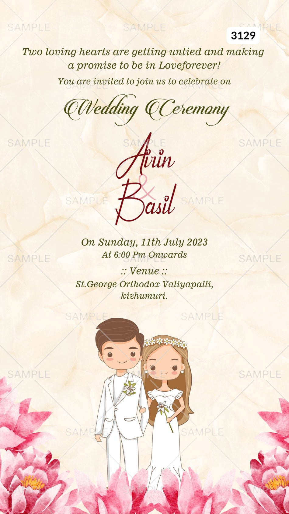 Wedding ceremony invitation card by canva of hindu south indian malayali family in english language with floral theme Canva Editable Template design 3129