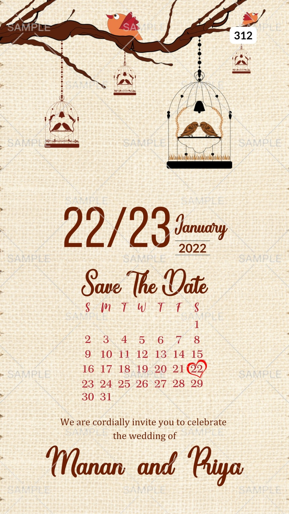 Save the Date card Canva Editable Template in english language with birds, calendar as vintage theme design 312