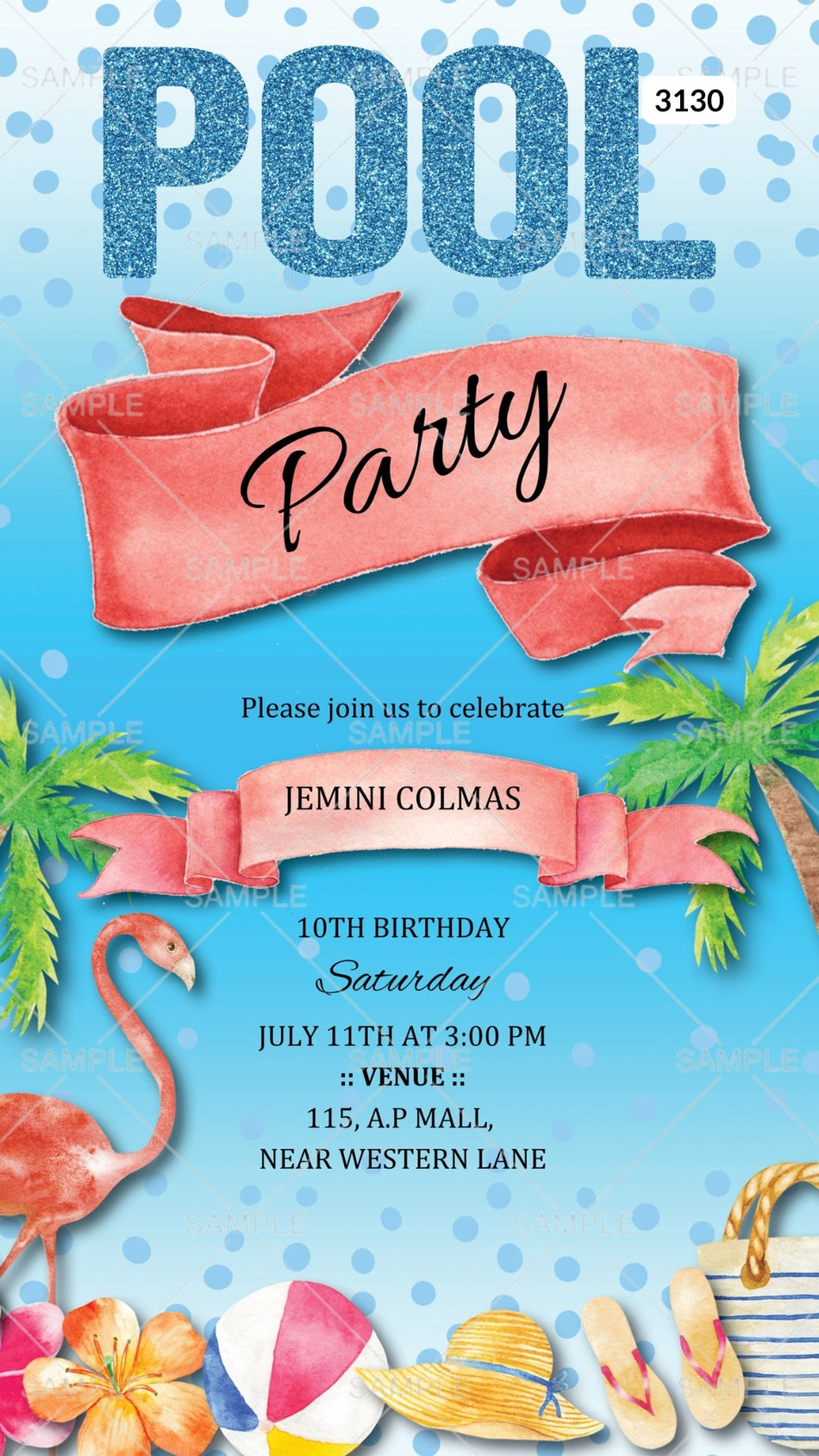 Pool Party invitation card by canva in english language with flamingo, flowers as beach theme Canva Editable Template design 3130