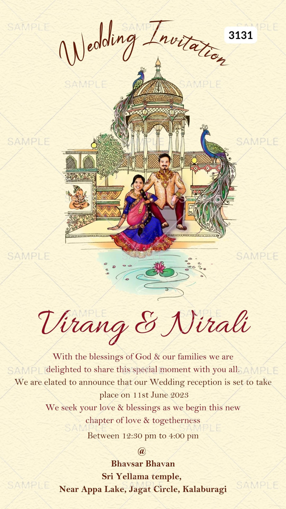 Wedding ceremony invitation card by canva of hindu south indian kannada family in english language with royal theme Canva Editable Template design 3131