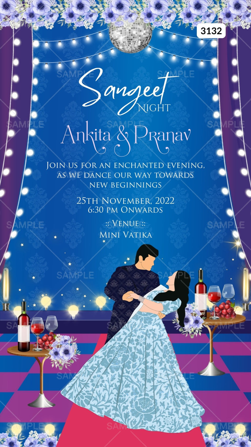 Sangeet Sandhya Ceremony invitation card by canva in english language with couple doodle, flowers as night view theme Canva Editable Template design 3132