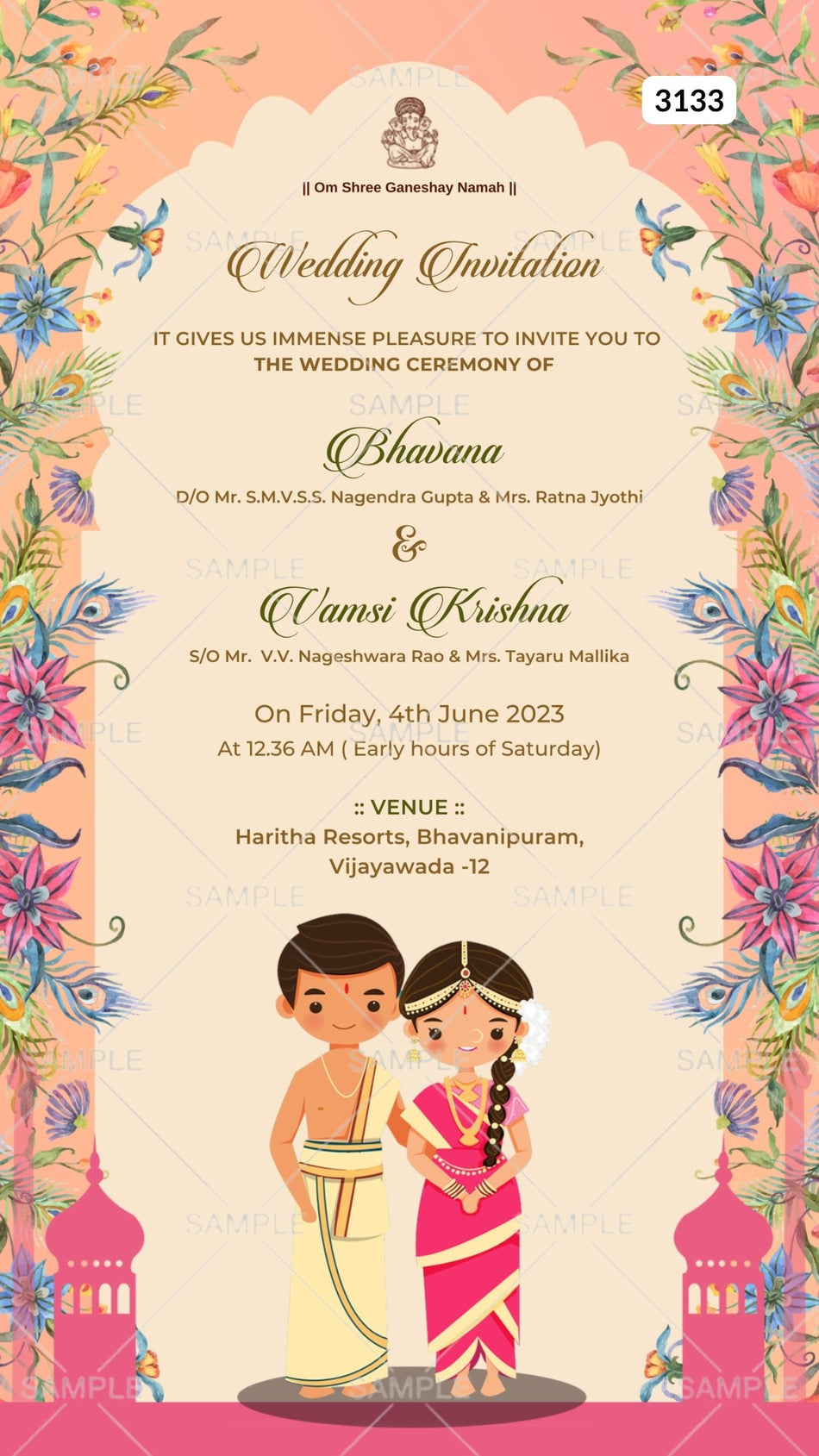 Wedding ceremony invitation card by canva of hindu south indian telugu family in english language with traditional arch theme Canva Editable Template design 3133