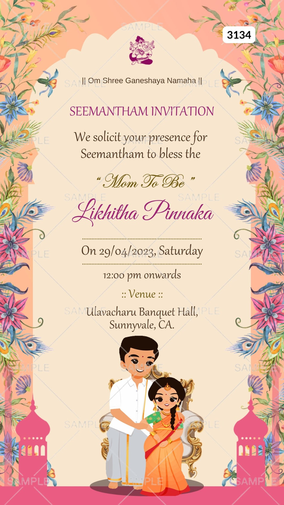 Seemantham Baby Shower ceremony invitation card Canva Editable Template in english language with leaves, couple doodle as traditional theme design 3134