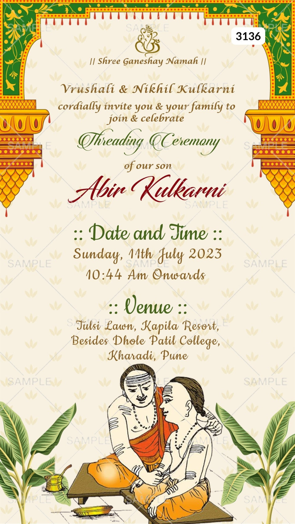 Thread ceremony invitation card by canva in english language with doodle, leaves as traditional theme Canva Editable Template design 3136