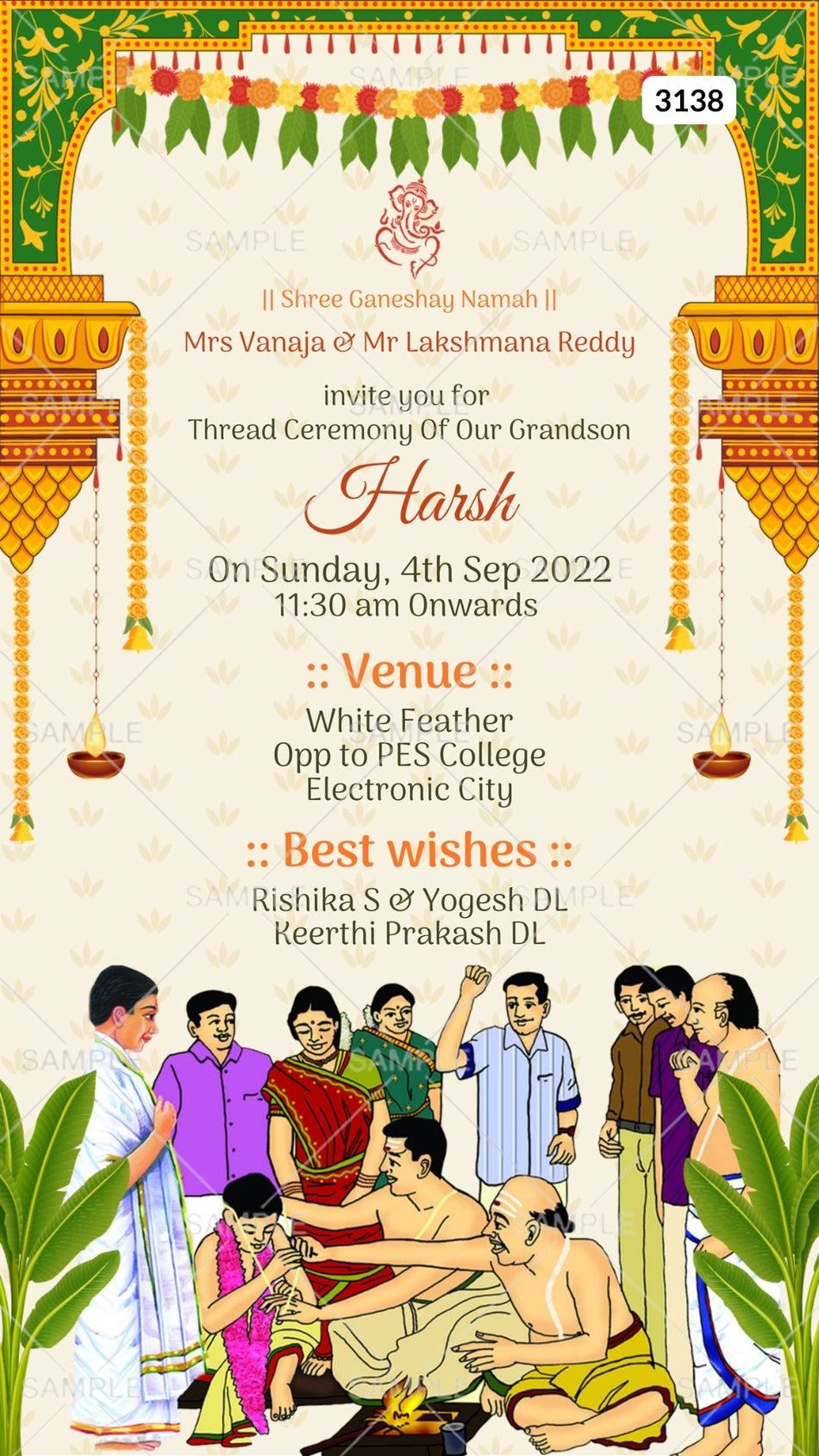 Thread ceremony invitation card by canva in english language with doodle, leaves as traditional theme Canva Editable Template design 3138