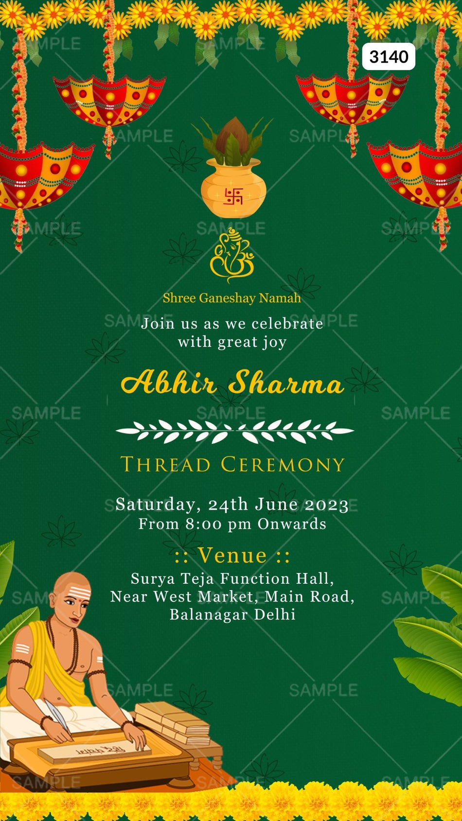 Thread ceremony invitation card by canva in english language with doodle, garland as traditional theme Canva Editable Template design 3140
