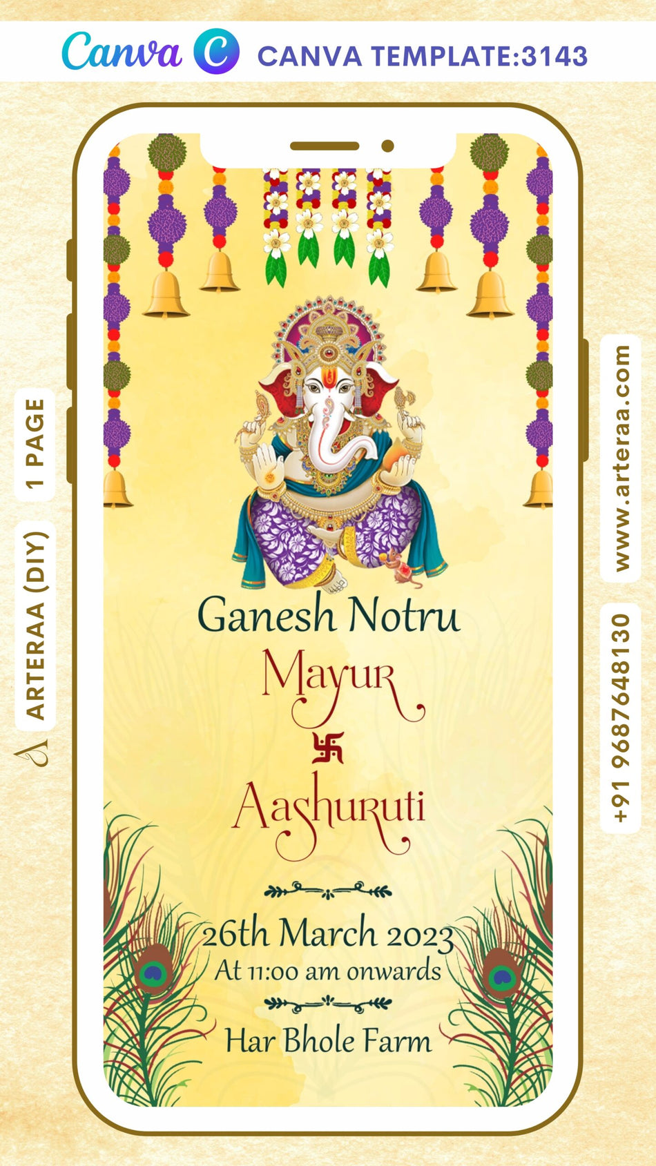 Ganesh Notaru Ceremony invitation Canva Editable video Template in gujarati language with feathers as minimalistic theme design 3143