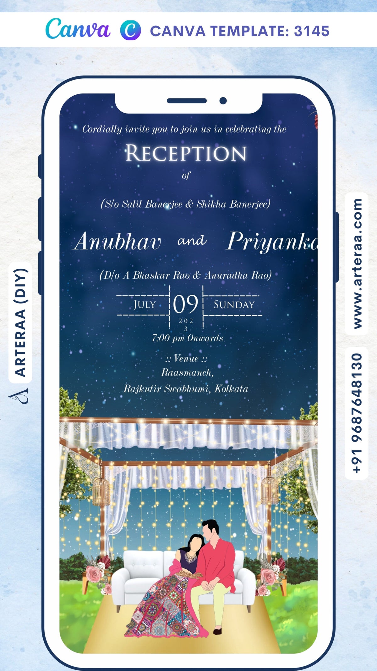 Reception Party invitation card by canva in english language with romantic couple doodle, flowers as garden theme Canva Editable Template design 3145